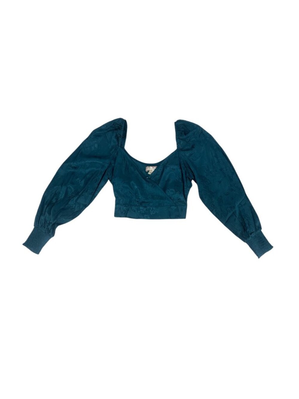 Band of the Free Top Small Teal Silk Jacquard Puff Sleeve Tie Front Crop Boho - Picture 3 of 6